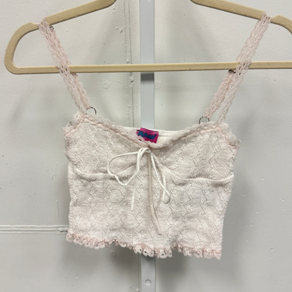Edikted White Pointelle Knit Lace Trim Crop Camisole Top XS Coquette Y2K Stretch